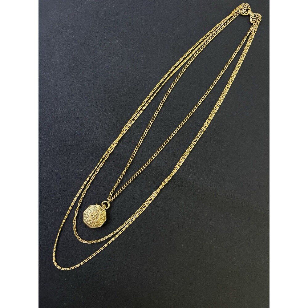 Vintage Goldette Triple Chain Ornate Hexagon Gold Tone Snap Locket Necklace